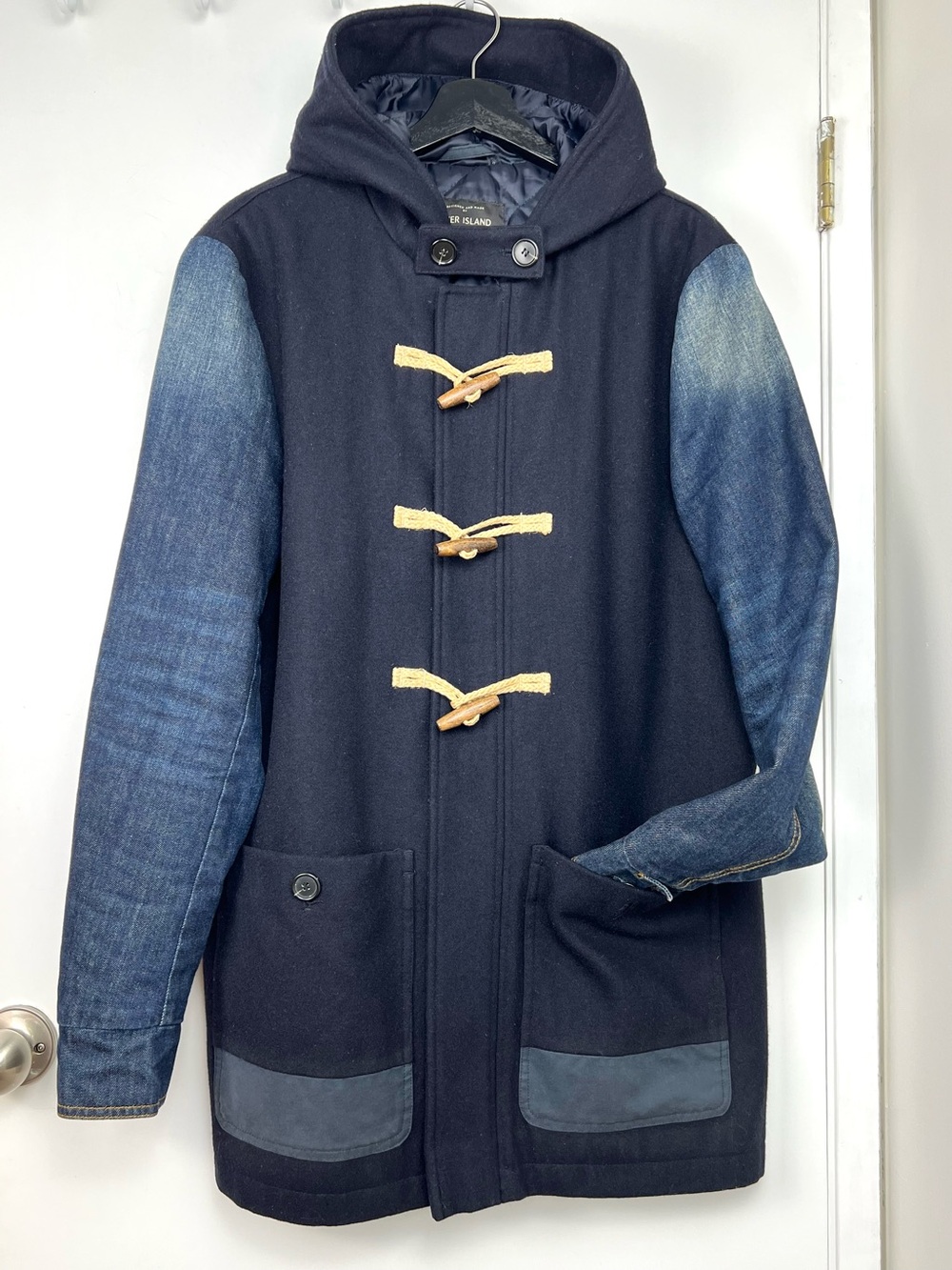 River Island Wool Blend Mixed Media Duffle Coat size M Navy Tweed Toggle Button